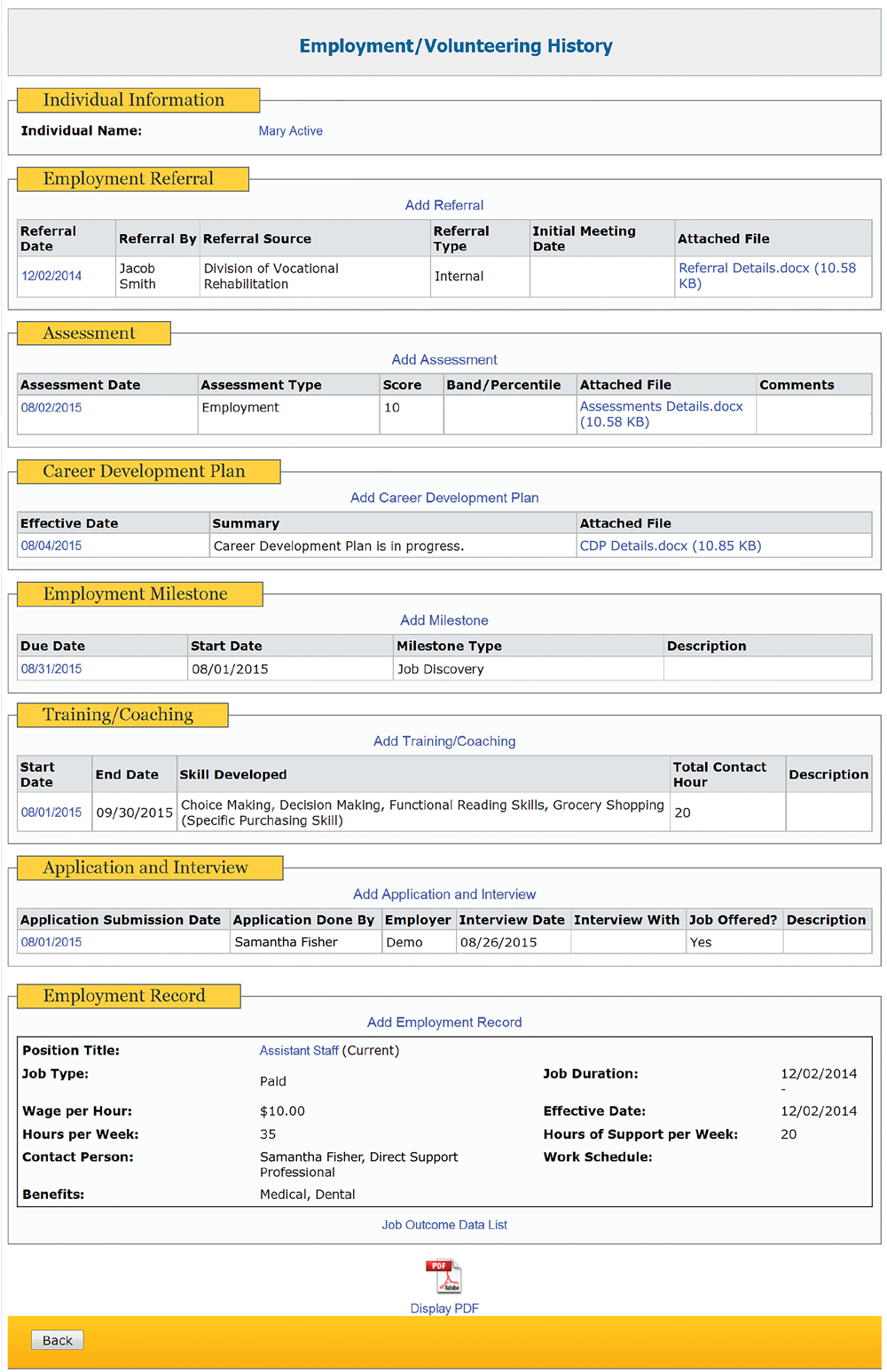 employment services and supports employment history