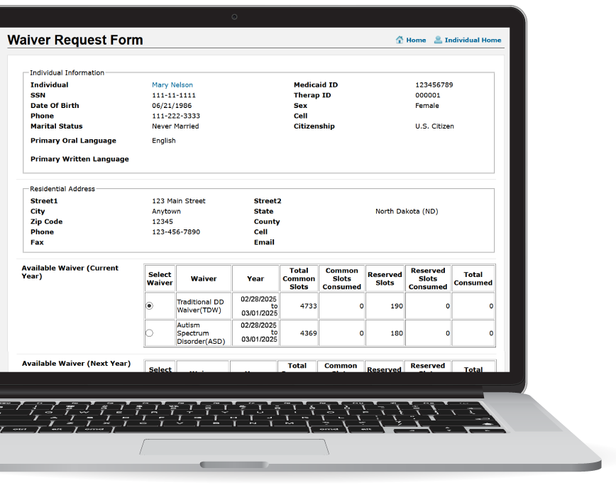 Therap App showing Therap's Waiver Slot Management Tools Screen