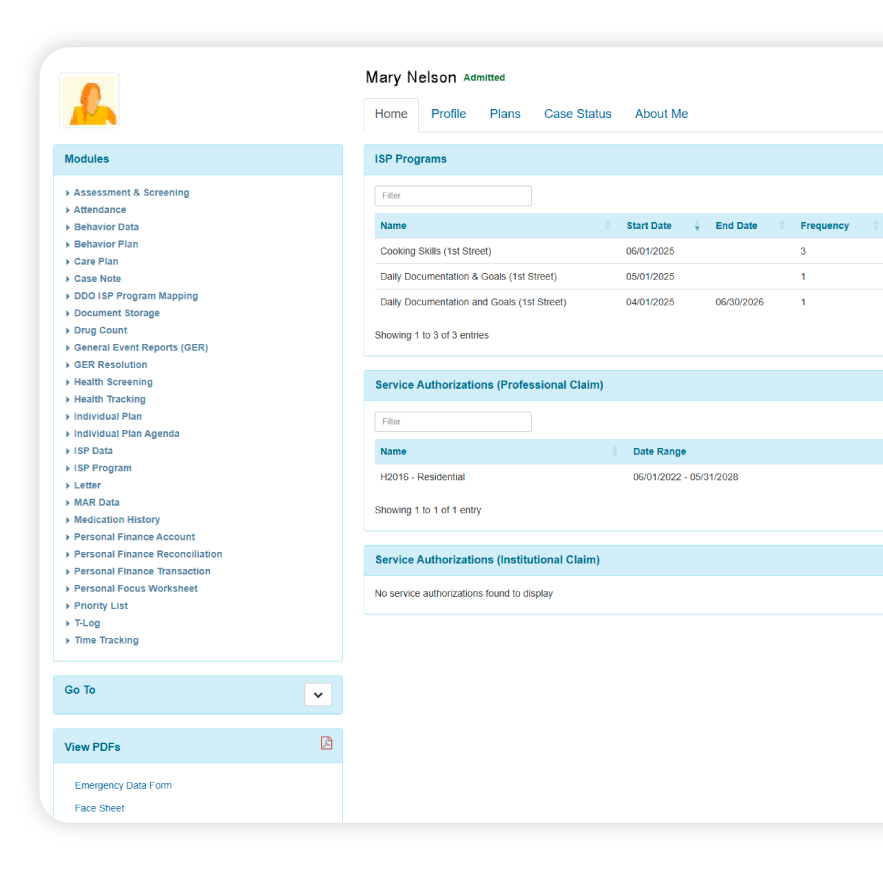 Therap App showing Therap's Comprehensive System for Children and Family Services Screen