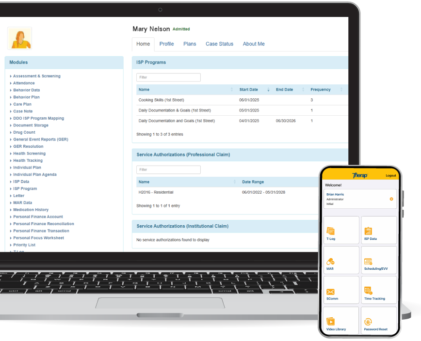 Therap App showing Therap's Comprehensive Documentation and Information Management System Screen