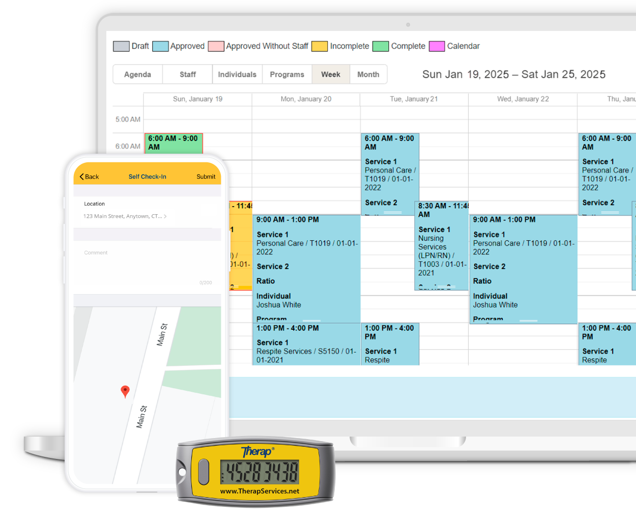 Therap App showing EVV & Staff Scheduling screen