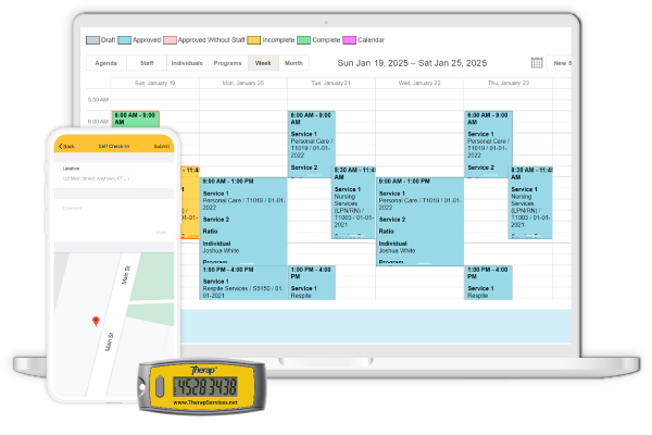 Therap App showing EVV & Staff Scheduling screen