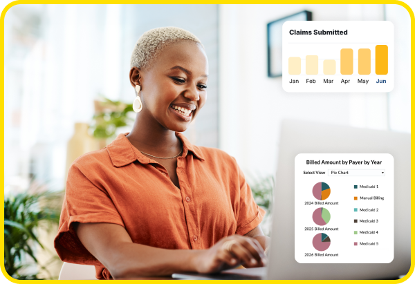 A woman works on a laptop using the Therap Billing module. On the right, the are two graphical data representation of Billing dashboard representing key billing data: a bar chart tracking monthly claims and a group of pie charts breaking down billed amounts for the years 2024, 2025, and 2026.