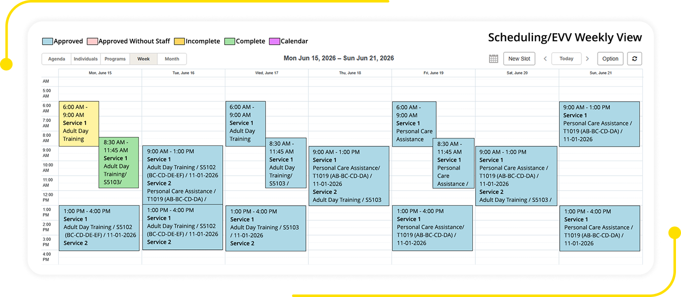 A screenshot of Therap EVV scheduling interface showing the weekly view