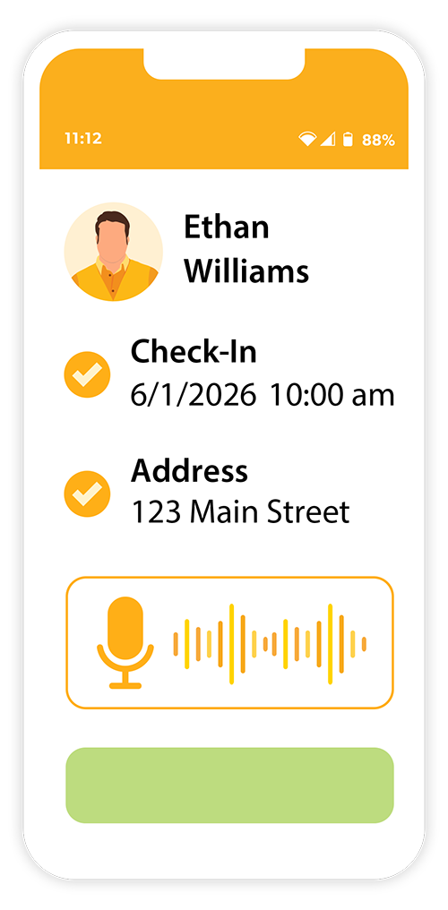 A screenshot of Therap EVV mobile app highlighting the check-in feature 