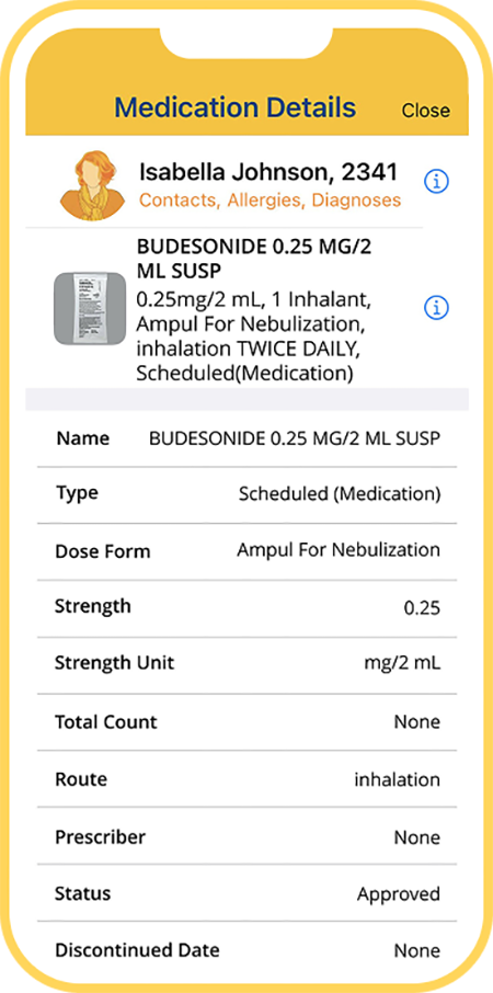 A screenshot of Therap MAR mobile app featuring the medication details screen