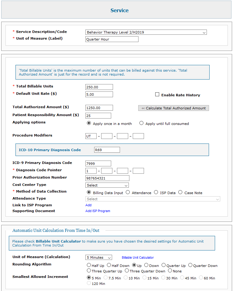 billable service units calculation therap