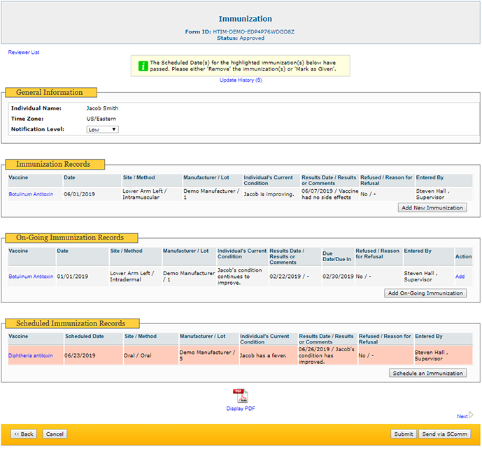 therap immunization module immunization record