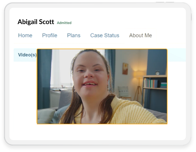 A tablet showing Therap Video Documentation application featuring the About Me Video upload section.