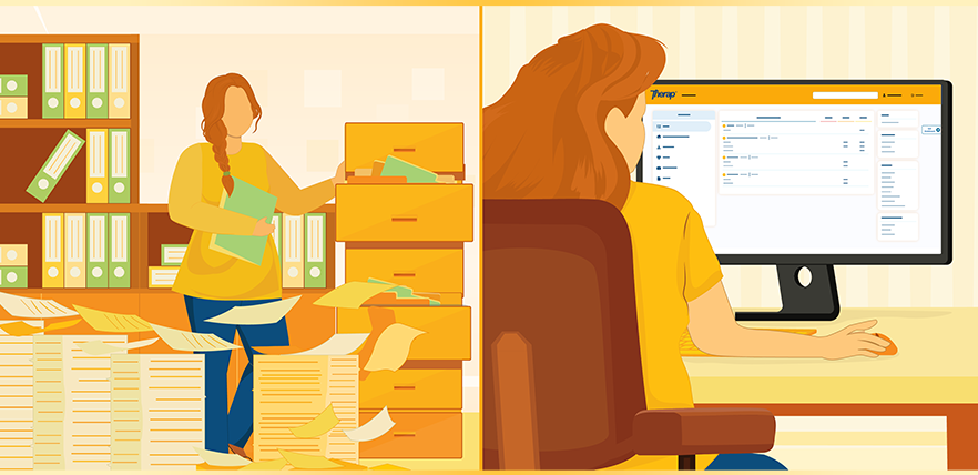 An illustration depicting paper-based documentation versus electronic documentation.