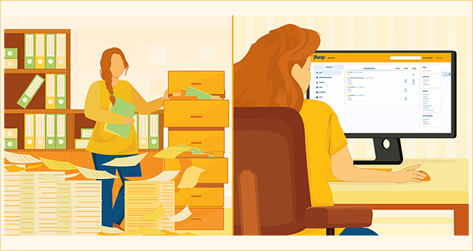 An illustration depicting paper-based documentation versus electronic documentation.