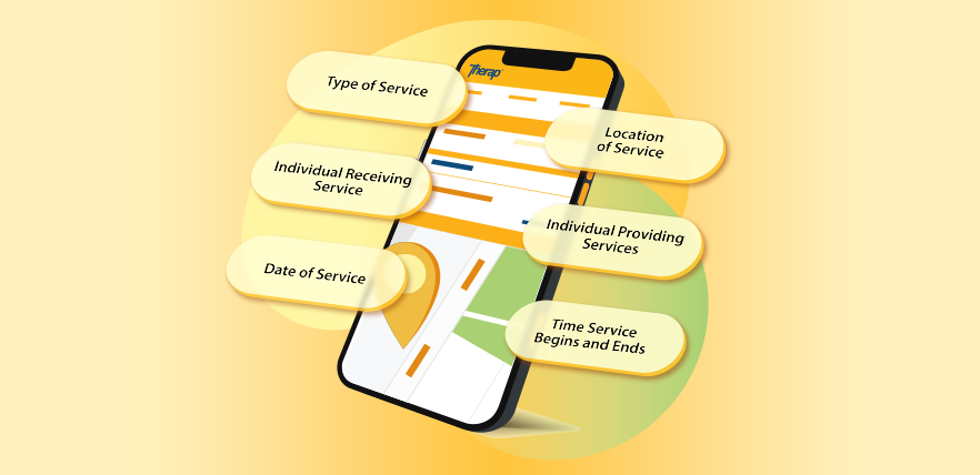An illustration showing different Therap EVV app features on phone