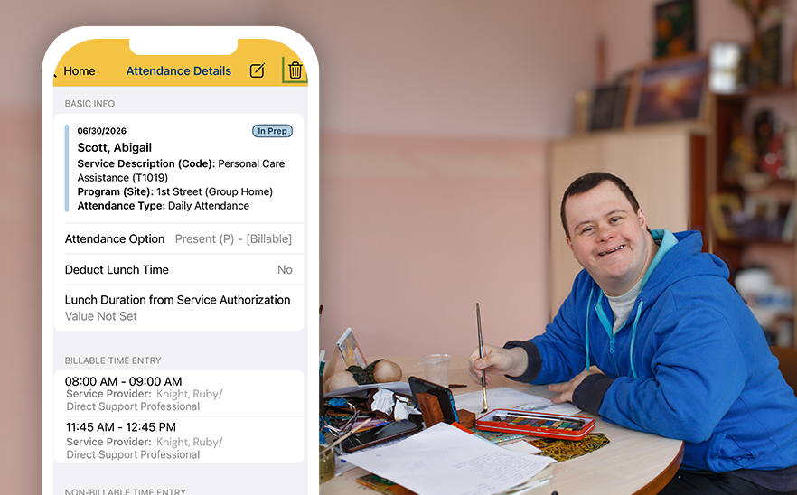 A picture of a person painting. On the left, a large phone shows how his activities are being documented via the Therap Mobile App.