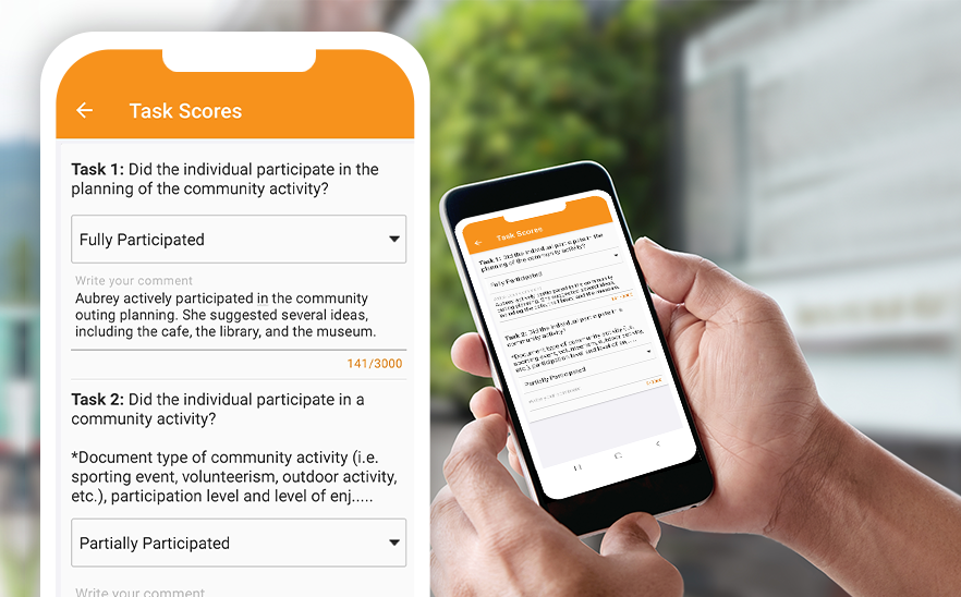 A person holding a phone and using the Therap Mobile ISP Data app with a blurred background out in the community.