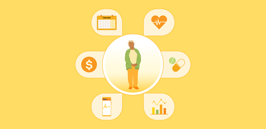 A central figure is surrounded by a radial arrangement of icons representing various tools.