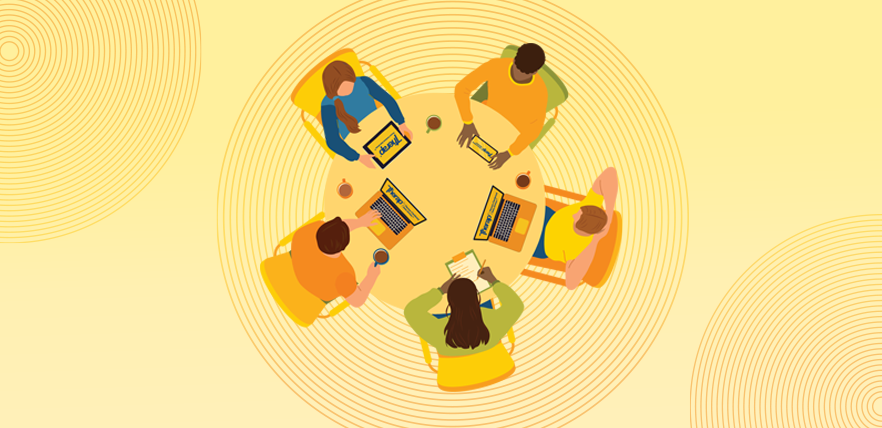 Five people are sitting at a round table, documenting their work using the Therap app.