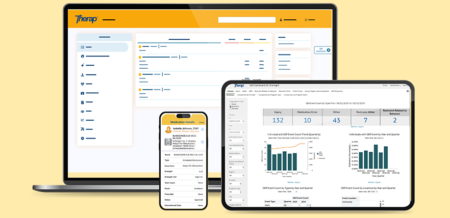 Therap appication screenshots displayed in 3 different devices
