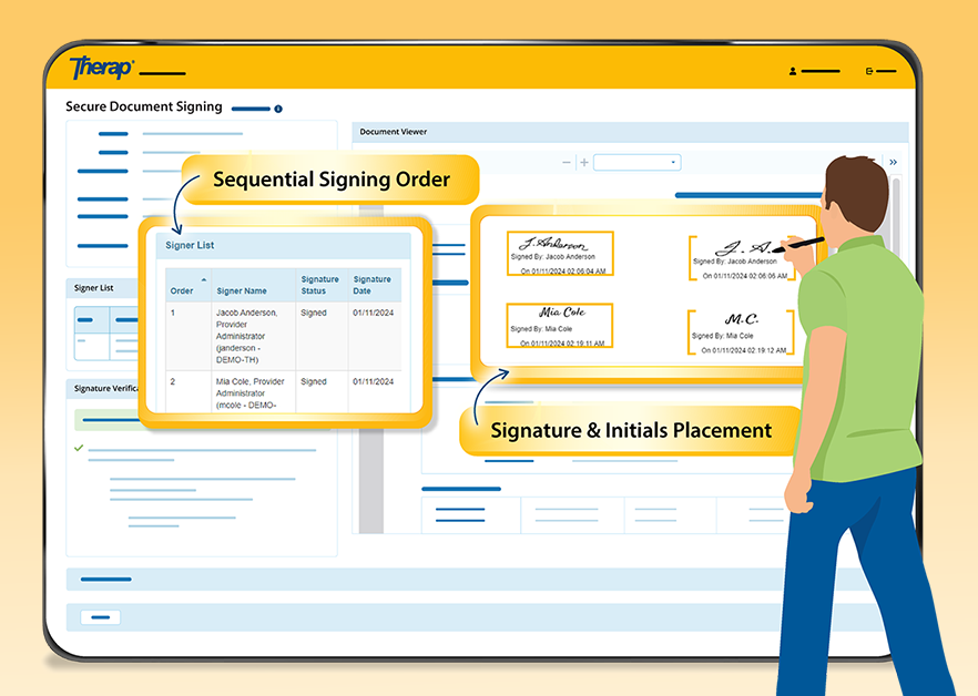 An illustration showing a person interacting with therap application