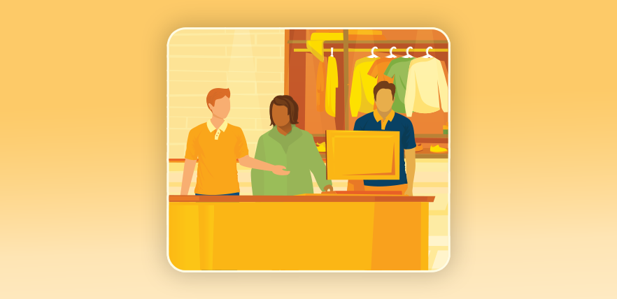 An illustartion of cashier attending a customer at a shop