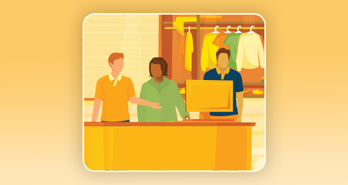 An illustration of cashier attending a customer at a shop