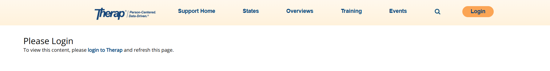 Screenshot showing the Therap Help and Support site requiring the user to log into Therap.