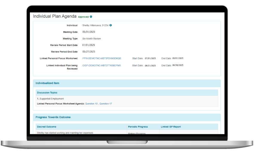 Therap Individual Plan Agenda module is shown in a laptop