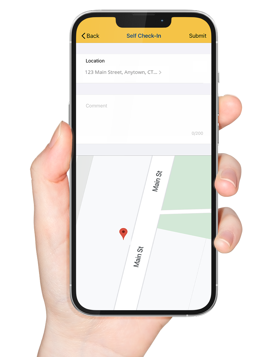 A person holding a phone showing the Self Check-in screen of Therap EVV mobile application A person holding a phone showing the Self Check-in screen of Therap EVV mobile application