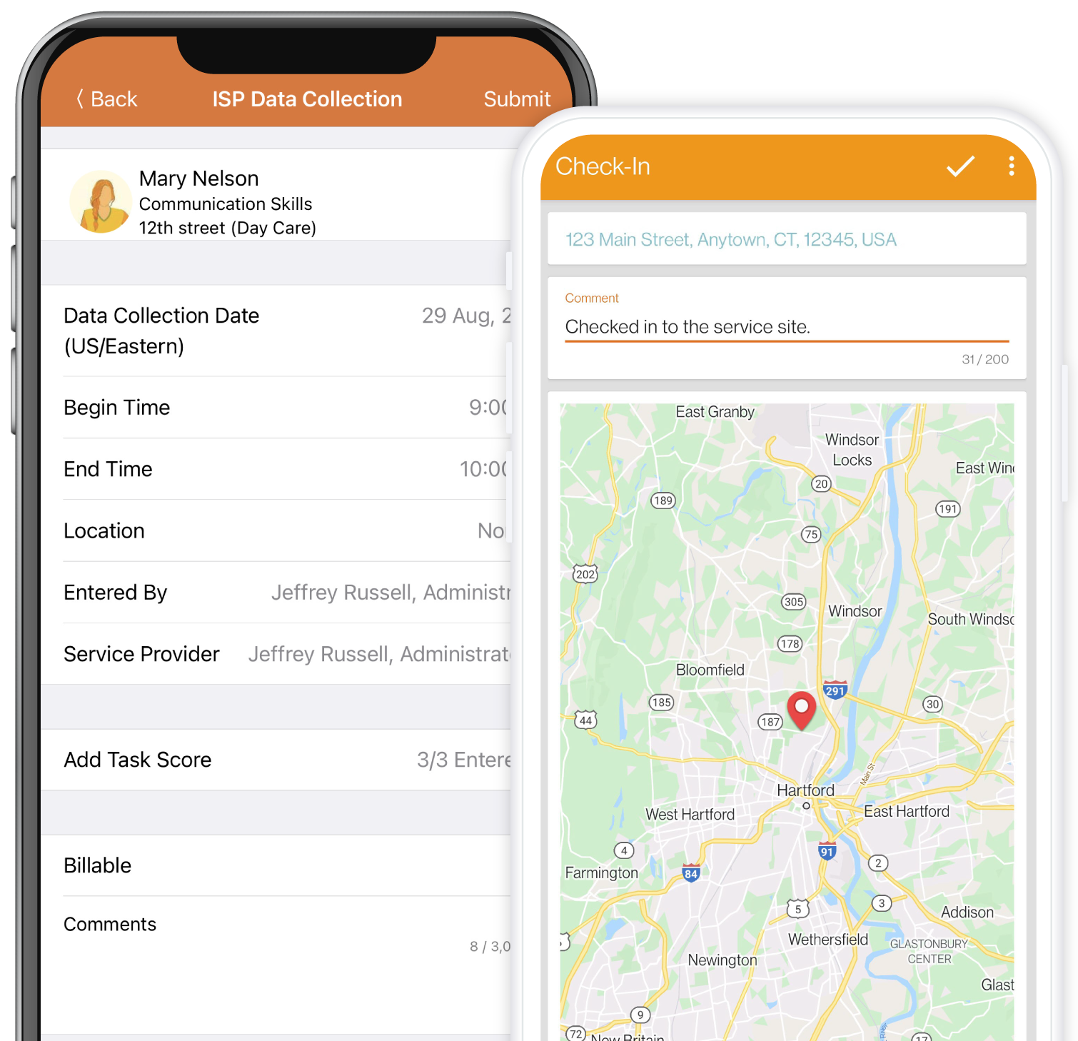 Mobile device screens showing Therap's ISP Data collection screen and Check-in