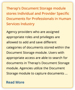 Therap's Document Storage module stores Individual and Provider Specific Documents for Professionals in Human Services Industry