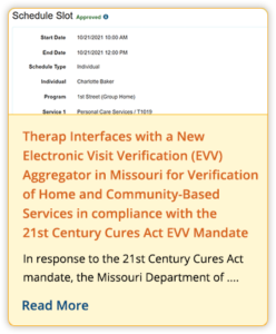 Therap Interfaces with a New Electronic Visit Verification (EVV) Aggregator in Missouri for Verification of Home and Community-Based Services in compliance with the 21st Century Cures Act EVV Mandate