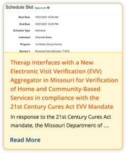 Therap Interfaces with a New Electronic Visit Verification (EVV) Aggregator in Missouri for Verification of Home and Community-Based Services in compliance with the 21st Century Cures Act EVV Mandate