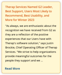 Therap Services Named G2 Leader, Best Support, Users Most Likely to Recommend, Best Usability, and More for Winter 2023