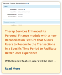 Therap Services Enhanced its Personal Finance module with a new Reconciliation Feature that Allows Users to Reconcile the Transactions in a Specific Time Period to Facilitate Better User Experience