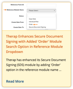 Therap Enhances Secure Document Signing with Added 'Order' Module Search Option in Reference Module Dropdown